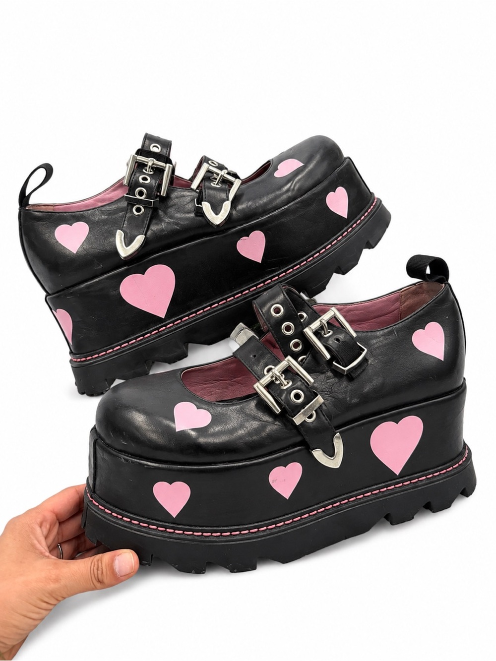 Platform Mary Jane Shoes LAMODA Black & Pink Heart Double Buckle Women’s Size 9